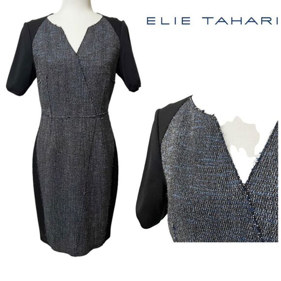 Ellie Tahari Size 8 Medium Gray & Blue Tweed Wool Short Sleeve V-Neck Sheath Dre - Picture 1 of 12